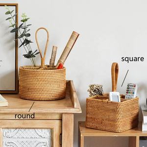 Handwoven Rattan Caddy with 4 <b>Divided</b> Compartments - Desktop Organizer Basket with Tall Handle for Household Storage - Product Image 4
