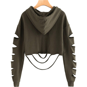 Sudadera con capucha para mujer, 100% algodón, de alta calidad, estilo desgastado, con cierre de cremallera, estilo urbano, con pedrería, corte holgado. - Product Image 3