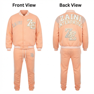 <b>Men</b> Varsity Tracksuit 400 GSM Cotton <b>Polyester</b> Fleece Peach Premium Jacket <b>Jogger</b> Set Chenille Embroidery Custom Logo - Product Image 1