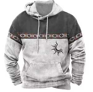 Sweat-shirt à capuche en molleton pour homme, imprimé soleil géométrique, décontracté, pour l'hiver, coupe classique, 100 % coton tricoté respirant, numérique - Product Image 5