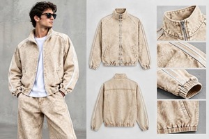 Ensemble de survêtement décontracté HAMILON pour femme, beige, col montant, fermeture éclair, 100 % coton, coupe ample, veste et pantalon, tenue streetwear deux pièces - Product Image 1