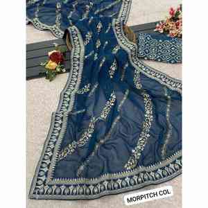 DISEÑADOR GEORGETTE CODIFICACIÓN SECUENCIA ZARI BORDADO TRABAJO SAREE CON BLUSA DESCOSADA MOREPINCH - Product Image 1