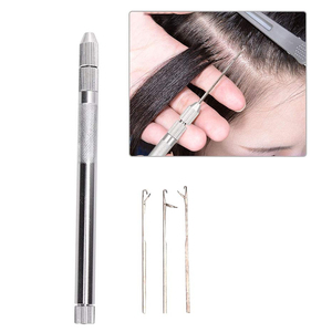 Silver Metal Hair Extension Pulling <b>Needle</b> Latch Hook Loop <b>Threader</b> Set With 3 Replaceable Tips Salon Micro Bead Installation - Product Image 1