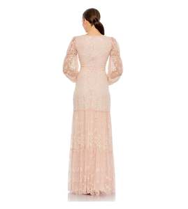 Vestido de noche rosa rubor con lentejuelas, cuello en V, cintura imperio, cola capilla, largo hasta el suelo, de gasa - Product Image 5