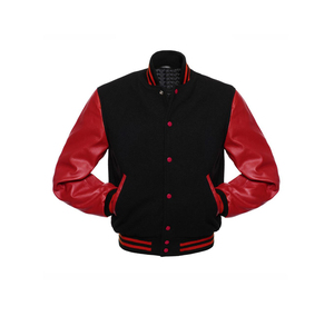 Custom Hooded Varsity Jacket Black Body <b>Red</b> Wool Striped Cuffs Bomber Style Baseball Letterman Streetwear 100% Wool Canvas - Product Image 1