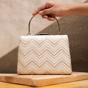 White And Golden Zigzag Embroidery Clutch <b>Bag</b> with <b>Sequins</b> and Thread Work Elegant Women Evening Purse for Festive Wear - Product Image 1