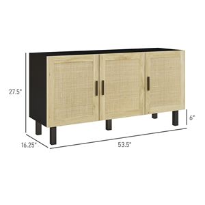 Credenza Boho Nera e Naturale con 3 Ante in Rattan, Ripiani Regolabili, Buffet per Sala da Pranzo - Product Image 3
