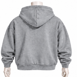 เสื้อฮู้ดซิปผู้ชายสีเทาแบบกำหนดเอง ตกแต่งด้วยตัวอักษรเชนิลล์ ผ้าฟลีซหนานุ่มทรงโอเวอร์ไซส์ สไตล์สตรีทแวร์ มีกระเป๋าหน้า - Product Image 2