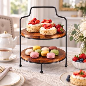 Two-Tier Wooden Cake Stand With <b>Black</b> <b>Metal</b> <b>Frame</b> Reusable Serving Tray For Desserts And Pastries - Product Image 2