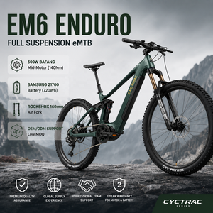 Nouveau <span class=keywords><strong>VTT</strong></span> <span class=keywords><strong>électrique</strong></span> EM6 (3e génération) avec moteur central 500W, 48V, <span class=keywords><strong>12</strong></span> <span class=keywords><strong>vitesses</strong></span>, freins hydrauliques, cadre en alliage d'aluminium, finition noir mat - Product Image 1