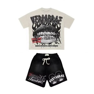 High Quality Man's Summer Short Set Black Cotton Men's Streetwear T-Shirt Set Cotton Crew Neck Printed Letter Design Summer - Product Image 2