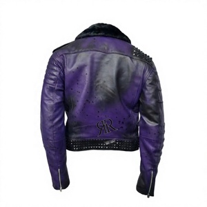 Purple <b>Leather</b> Biker <b>Jacket</b> with Rivet Details <b>Faux</b> Fur Collar <b>Men's</b> Moto Style Winter Outerwear - Product Image 2