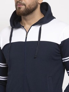 Men Navy Blue White Color Block Full Zip Hoodie Tracksuit Two Piece Set Double Sleeve Stripe Side Stripe <b>Jogger</b> Casual Sui - Product Image 5