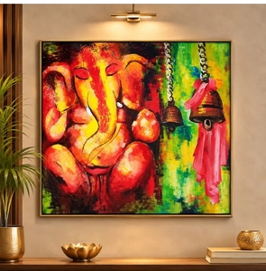 Décoration murale en acrylique traditionnelle Lord Ganesha, art spirituel vibrant pour salon, toile abstraite faite à la main, jaune - Product Image 3