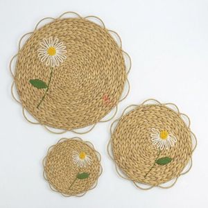 Round Woven Water Hyacinth <b>Placemat</b> Set With Daisy Embroidery Bohemian <b>Table</b> Mats Handmade Natural Decor 3 Sizes - Product Image 1