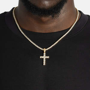 Yellow Gold VVS1 Moissanite <b>Cross</b> Pendant With Tennis <b>Chain</b> 925 Sterling Silver Hip Hop Religious Necklace - Product Image 2