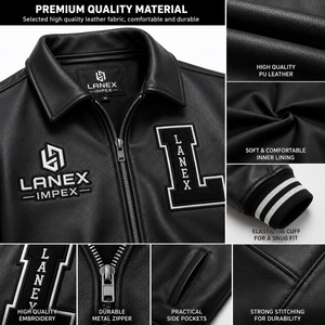 Custom Black Leather Varsity <b>Jacket</b> for <b>Men</b> with Embroidered Chenille Patches, Rib Knit Cuffs, Bomber Letterman <b>Jacket</b> OEM & ODM - Product Image 5