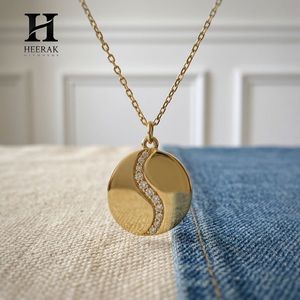 <b>Gold</b> Round <b>Disc</b> Wave Diamond Pendant Necklace Fine Jewelry for Women - Product Image 3