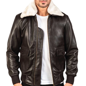 Chaqueta de Cuero Marrón de Piel de Oveja Auténtica de Primera Calidad para Hombre, con Cuello de Piel Blanca, Estilo Bomber, Ropa Exterior Informal, Moda, Venta al Por Mayor, Tendencia - Product Image 1