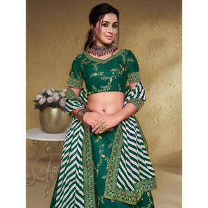 Charming Green Thread Embroidered Silk Mehendi Wear Lehenga Choli for Women - Product Image 4