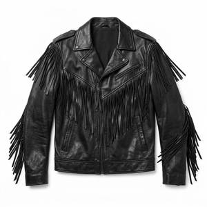Men's Black Leather High Street Eco-Friendly Windproof Breathable Moto <b>Jacket</b> <b>Fringe</b> Zipper Closure Turn-down Collar Regular Fit - Product Image 1