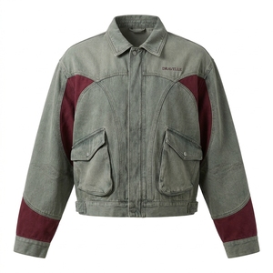 Chaqueta de hombre estilo motero occidental de mezclilla lavada vintage con bloques de color, bordado personalizado en la espalda, estilo urbano, abrigo informal. - Product Image 1