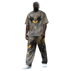 Conjunto Deportivo Informal para Hombre, Tallas Grandes, Camiseta con Estampado 3D y Pantalones Deportivos, Gris con Diseño Naranja y Negro, Pantalones con Cordón Ajustable - Product Image 1