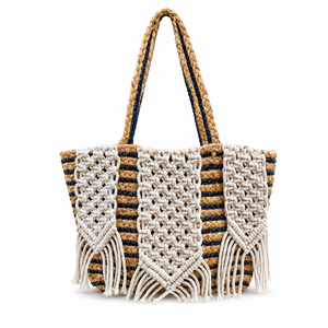 Sac fourre-tout en fibres naturelles tissé à la main avec un design en macramé, poignées en perles de bois, sac à bandoulière bohème pour la plage et le shopping - Product Image 3