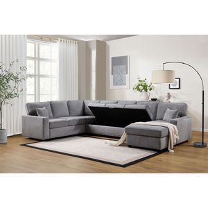 Divano Sezionale Samara 137" con Chaise Longue a Destra, in Ciniglia Grigia, con Vano Contenitore Sottoseduta e Cuscini Decorativi per Soggiorno - Product Image 3