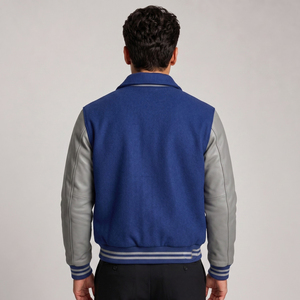 Chaqueta Varsity Azul para Hombre con Mangas de Cuero Gris, Letra H Bordada, Estilo Preppy, Corte Regular, para Otoño - Product Image 2
