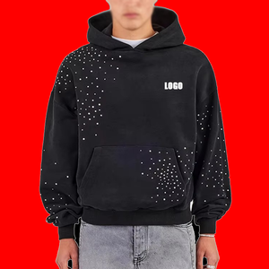 Custom Logo <b>Drop</b> Shoulder Fleece Heavyweight Polyester/Cotton 400g <b>Acid</b> Washed Cropped Regular Fit Sweet Rhinestone Hoodie Men - Product Image 6