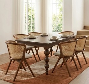 Ensemble de salle à manger en bois de style moderne du milieu du siècle, table rectangulaire avec chaises à dossier en rotin, 6 pièces, meubles pour la salle à manger à domicile - Product Image 1