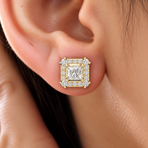 Princess Cut Lab Grown <b>Diamond</b> 14K 18K Solid Gold <b>Square</b> Halo Pave Stud <b>Earring</b> 0.50CT DEF VVS Fine Jewelry Engagement Stud ODM - Product Image 2