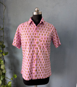 <b>Pink</b> Leaf Print <b>Men's</b> Short Sleeve Button up <b>Shirt</b> Cotton Kurta Casual Ethnic Wear ODM Handblock Printed Summer - Product Image 4