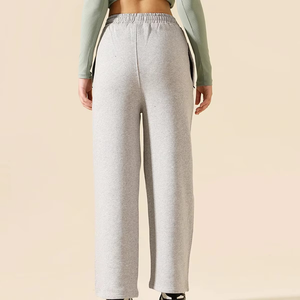Pantalon de survêtement gris pour femme, coupe large, taille élastique, taille haute, décontracté, ample, longueur intégrale, couleur unie, en coton tricoté, automne - Product Image 2