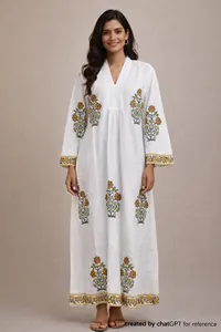 Elegante Vestido Largo Maxi Boho Blanco con Estampado Floral, Hecho a Mano en Algodón, con Cuello en V y Estampado Étnico - Product Image 5