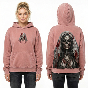 Sudadera con capucha rosa desgastada al por mayor para mujer, estilo oversize, vintage, con dobladillo deshilachado, estampado gráfico gótico de terror - Product Image 1