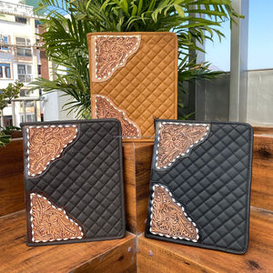 New Hand Tooled Leather Office Business Zipper Pad Holder Document Organizer <b>Folders</b> Quilted Leather File Portfolio Ring Binders - Product Image 5