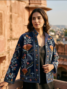 Custom Indian Floral Hand Embroidered Velvet Jacket Women Winter Warm Open Front <b>Short</b> Coat Reversible Striped Lining Outerwear - Product Image 3