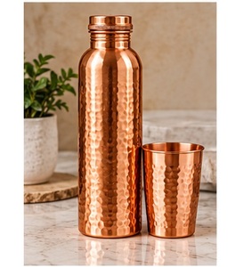 Handcrafted Hammered Copper <b>Water</b> <b>Bottle</b> with Lid and Matching Cup <b>Metal</b> Drinkware Set - Product Image 1