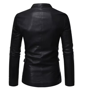 Men Black <b>Leather</b> <b>Blazer</b> Single Breasted Notched Collar Regular Fit Full Length Sleeve Formal Style <b>Jacket</b> - Product Image 3