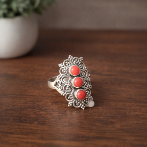 Anillo de Coral Natural con Filigrana de Plata de Ley 925, Anillo Hecho a Mano, Joyería de Diseño Étnico Vintage para Mujer - Product Image 5