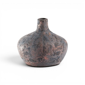 Antique Rustic Bulbous <b>Ceramic</b> <b>Vase</b> Vintage Distressed Dark Brown Clay Pottery Jar Pots for Modern Tabletop Home Decoration - Product Image 1