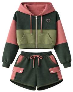 Ensemble décontracté deux pièces pour femme : crop top zippé à capuche et short cargo, coloris vert foncé et rose poudré, vente en gros - Product Image 1