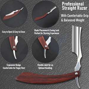 Lames de rasoir droites de haute qualité en acier inoxydable, manche pliable en bois pour barbier, rasoir pour barbe et cheveux, logo personnalisé réglable - Product Image 4