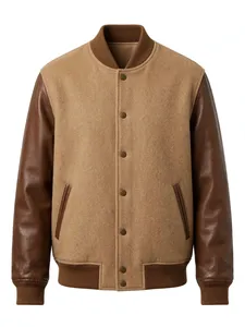 Men's Color Block Varsity <b>Jacket</b> Wool Body Genuine Leather Sleeves Stand Collar Button Winter Coat - Product Image 1