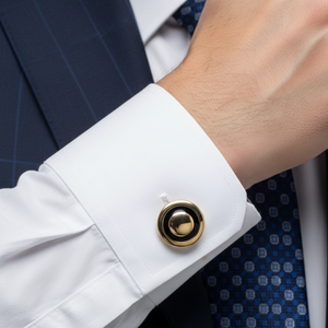 Boutons de manchette ronds dorés élégants |   Ensemble de pinces |   Accessoire Premium pour Hommes |   Barrette à cravate formelle pour affaires |   Fête de mariage |   Style cadeau - Product Image 3