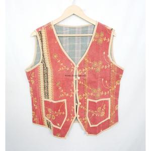 Bohemian Cotton <b>Kantha</b> Printed Short <b>Jacket</b> Handmade Floral Patchwork Sleeveless Artisan Vest Style with v-neckline and pockets - Product Image 5