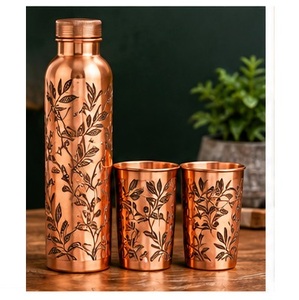 Ensemble de bouteilles d'eau en cuivre sans soudure avec 2 tasses, motif Arbre de Vie, gourde noire avec couvercle - Product Image 4