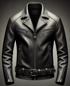 Men's Black Genuine Leather <b>Jacket</b> Stand Collar Moto Biker Style Windproof <b>Zipper</b> Closure <b>Pockets</b> Winter Wear - Product Image 4